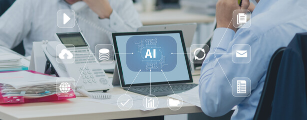 ビジネスシーン、生成AIを活用したデジタルワークフロー、クラウド、DX、デジタルネットワークイメージ