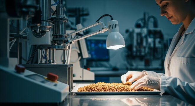 Focused scientist inspecting granular samples under a lamp in a research laboratory.