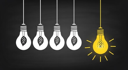 Illuminating one unique glowing yellow lightbulb with an internal leaf stands out among four unlit white energy efficient bulbs symbolizing green innovation.
