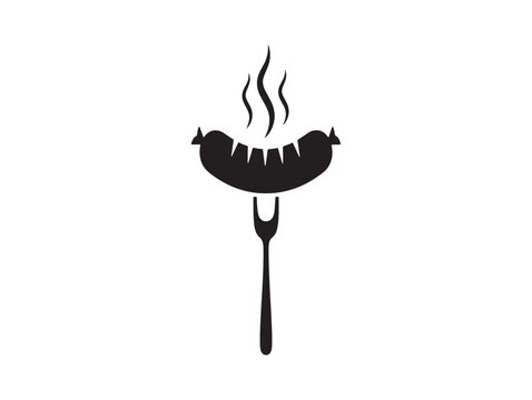 Black and white illustration of a sizzling sausage on a grill with a metal fork