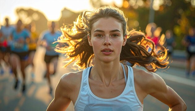 Female marathon runner leading a group of athletes on a road at dusk, captured from a front view perspective