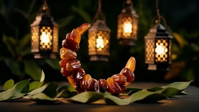 Amber jewelry in crescent shape on leaves with lanterns background