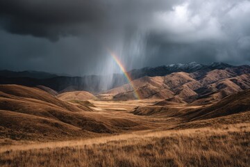 Naklejka premium A vibrant rainbow arcs over a stormy landscape with rolling hills and dark clouds in the background