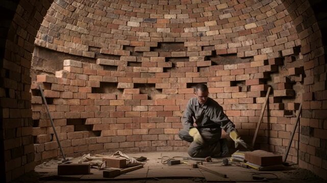 Medium shot of a worker carefully placing customfit refractory firebricks inside a kiln ensuring precise alignment for optimal heat resistance.