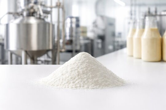 Fine white emulsifier powder on a clean table in a modern food-processing facility.