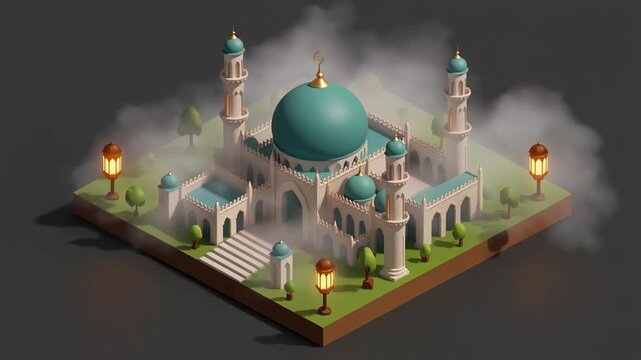A 3D isometric illustration of a mosque with a blue dome and minarets on a square plot of land with grass, trees, and lanterns, surrounded by fog on a dark background
