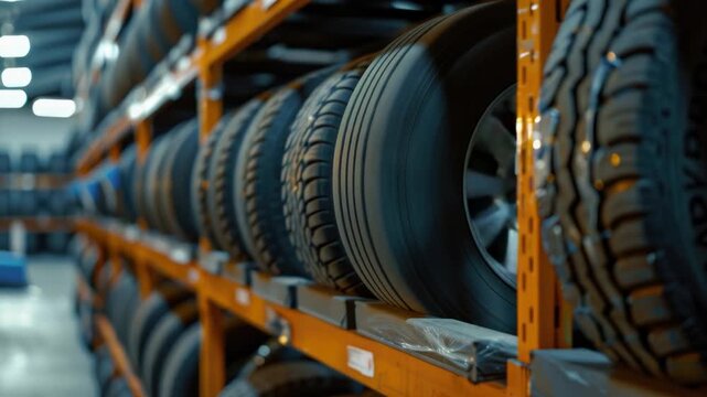 Video A large warehouse with stacked tires on shelves and racks
