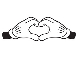 Two hands forming a heart shape demonstrating love connection and affection in a simple black and white illustration