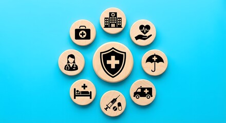 Naklejka premium Medical shield icon surrounded by a circle of diverse healthcare symbols on a blue background.