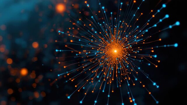 Abstract energy burst glowing core with blue and orange light strand digital network connectivity