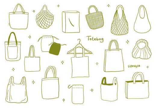 Eco friendly tote bag doodle set with reusable shopping sack elements featuring green canvas and mesh bag art decoration