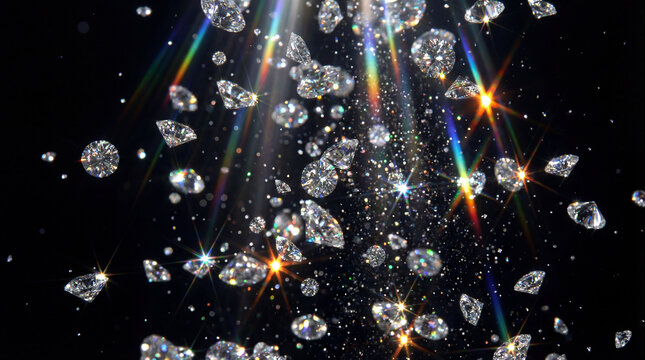 Sparkling diamonds falling with colorful light reflections on black background creating magical and luxurious atmosphere