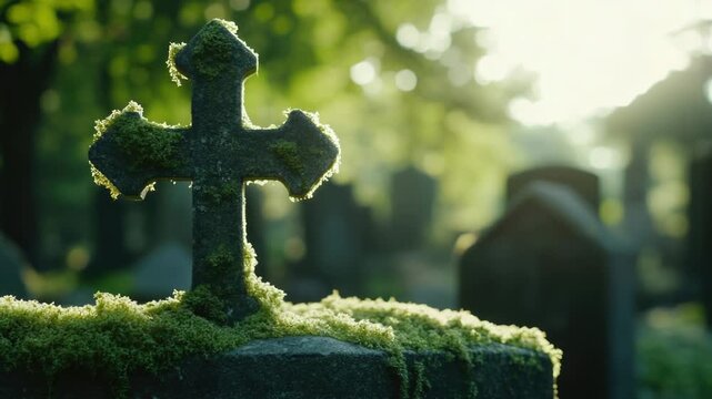 Video A moss-covered cross sits atop an old grave, surrounded by overgrown vegetation