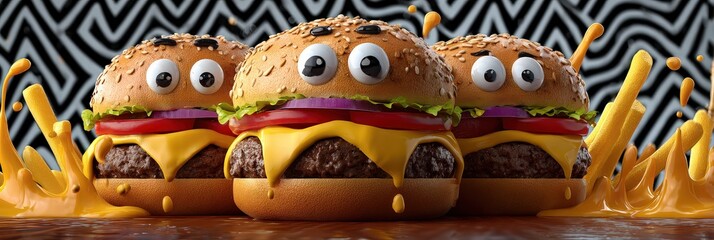Three Funny Cheeseburgers with Googly Eyes and French Fries