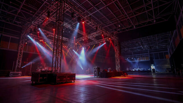 An indoor concert or event venue. The stage is set up with a complex lighting rig, featuring beams of red and white lights, illuminating the space