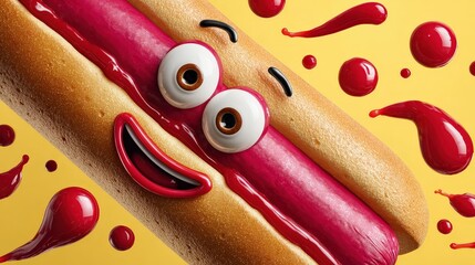 Happy Cartoon Hot Dog with Ketchup Smile on Yellow Background