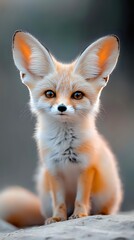 Fototapeta premium Adorable red fox kit with large ears and bright amber eyes sitting on rocky surface, soft natural lighting creates warm glow on fluffy orange and white fur.