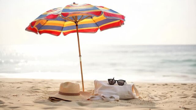 Beach parasol shading straw hat, tote bag and sunglasses on sandy shore