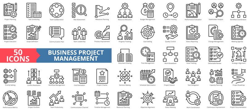 business project management icon set outline style illustration. containing project closure, objective alignment, deliverable review, document sharing, work breakdown, meeting agenda, priority setting