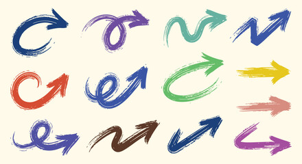 Colorful brush stroke arrow icons set with hand painted textures in an artistic doodle style. A vector collection for creative infographics, presentations and website design elements.
