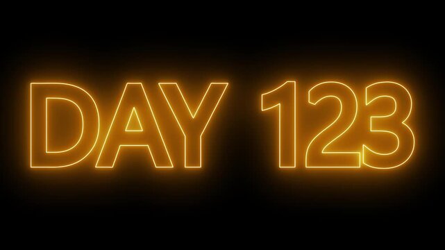 Animated glowing flickering neon inscription DAY 123. Day 123 neon text animation, calendar counter concept on black background