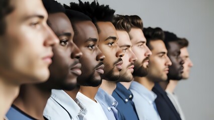 Obraz premium Diverse group of professional men in business attire standing in profile line formation against neutral background for corporate teamwork concepts.