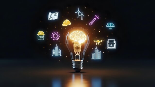 Glowing light bulb with brain filament surrounded by floating technology and innovation icons on dark background representing creative ideas and solutions.