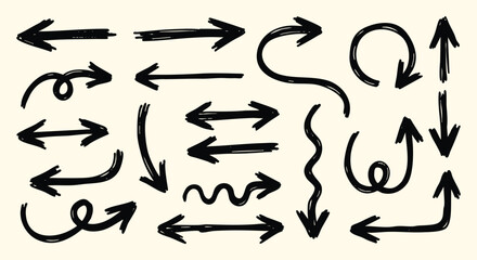 Hand drawn arrow icons set with black ink brush strokes in a grunge sketch and doodle style. A vector illustration collection for rustic designs, infographics and creative presentations.