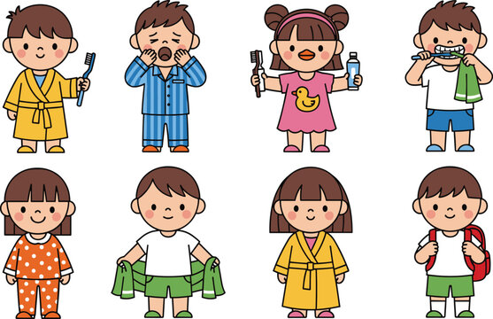 Cute Cartoon Children Daily Morning Routine Collection Featuring Brushing Teeth Getting Dressed and Going to School cad drawing flat vector illustration