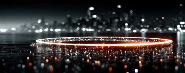 Glowing circular hologram at night above an urban cityscape