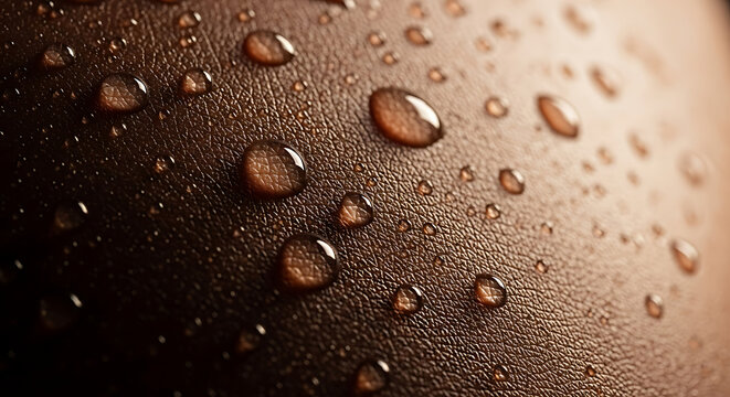 A close-up view of water droplets on a brown leather surface