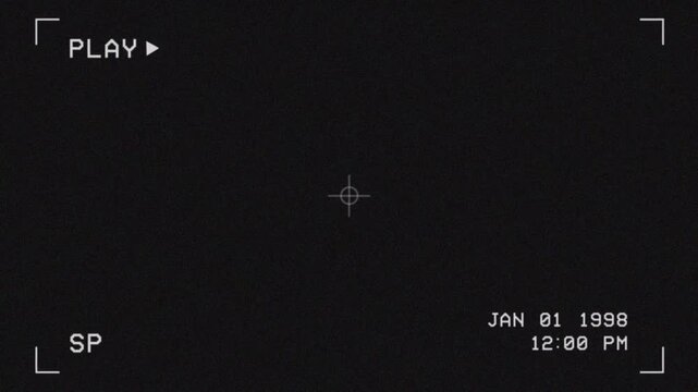 Retro nineties vhs tape camcorder viewfinder overlay with play symbol and date time text for vintage home cinema background