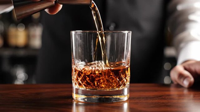 An expert mixologist skillfully pours a golden spirit into a crystal glass, layering flavors with precision. The warm ambiance enhances every sip, inviting relaxation and joy.