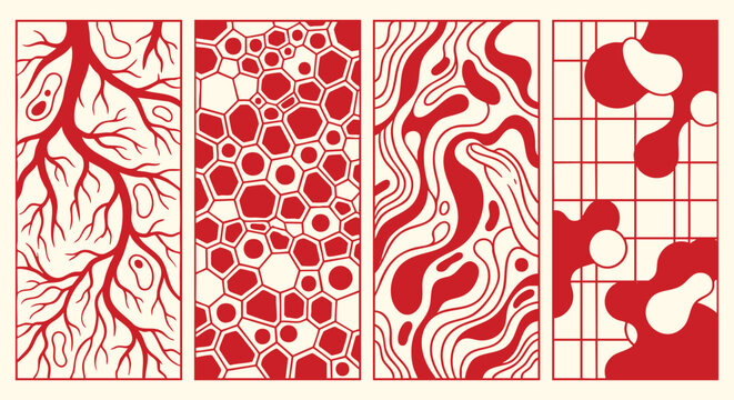 Abstract pattern panels set with hand drawn organic textures in a red and white line art style. A vector collection for decorative backgrounds, wallpaper design and laser cutting templates.