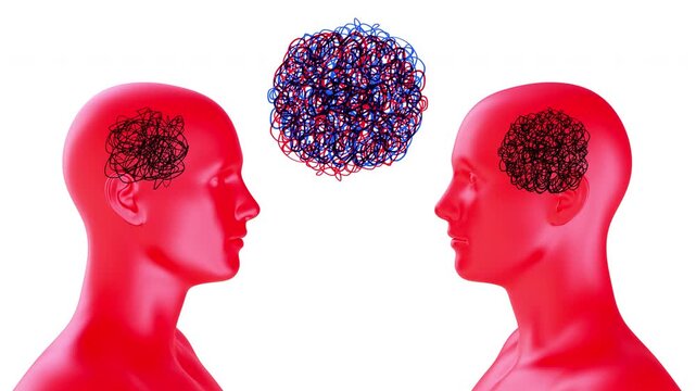 Two human body with chaotic scribble circle in brain. Realistic collage art composition in creative modern stop motion style. Minimal abstract graphic concept design for psychology. Fashion loop anima