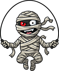 Obraz premium Mummy cartoon illustration, playful horror artwork, spooky mascot design, jump rope character concept, Halloween style, humorous symbol
