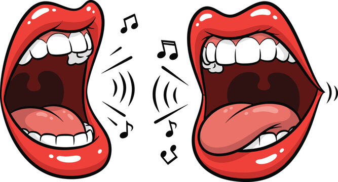 Singing mouths cartoon illustration, vocal expression artwork, musical communication design, sound wave concept, playful character style, entertainment symbol