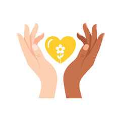 Obraz premium Diverse hands holding yellow heart with flower vector clipart for charity and kindness concepts