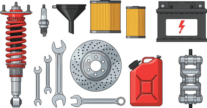 Essential car auto parts collection with battery spark plug shock absorber wrenches and brake disc cad drawing flat vector illustration