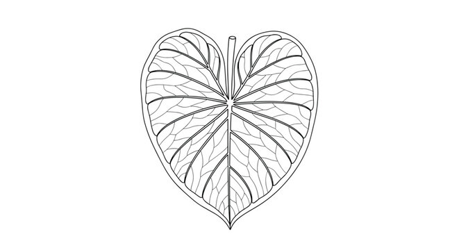 Detailed black and white line art illustration of a large tropical taro leaf, showing intricate veins with dot work shading.