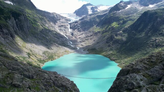 Drone Aerial of Trift Bridge &ndash; Dramatic Suspension Bridge in the Swiss Alps