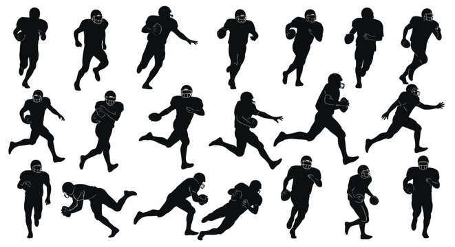 Dynamic Silhouettes of Rugby Players in Action on a White Background from Various Angles