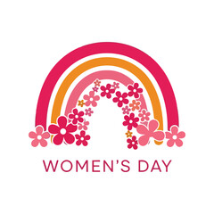 Women's Day rainbow vector clipart with pink flowers, colorful arch, and festive celebration design