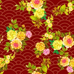 Gardinen Vintage Blumen Blossom Rose  watercolor illustration with  wildflowers. Seamless pattern, background. Chinoiserie, japandi, Eastern oriental  © HoyaBouquet