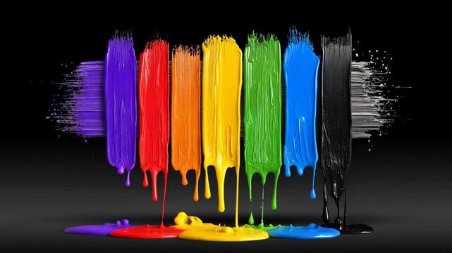 Different colors of paint drip down against a black background, creating a visual contrast and showcasing vibrant tones