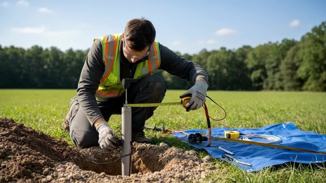 Medium shot of a technician installing a piezometer in soil to measure groundwater levels with precision for environmental monitoring and aquifer health assessment.