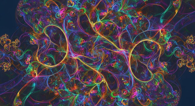 A vibrant and intricate abstract artwork with colorful swirling patterns