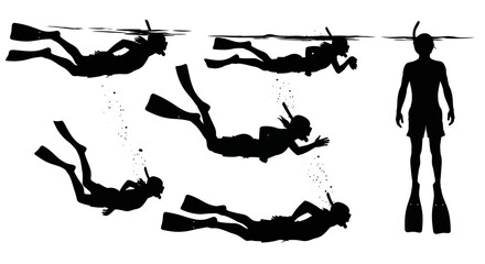 Group of scuba divers and person standing together in water, viewed from the side © Avra