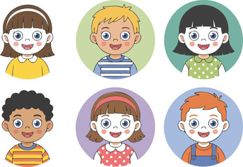 Diverse Multicultural Kids Faces Avatar Set  Happy Cartoon Children Head Portraits for Education