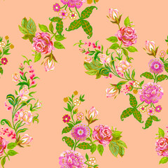 Blossom Rose  watercolor illustration with  wildflowers. Seamless pattern, background. Chinoiserie, japandi, Eastern oriental